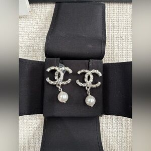 Authentic CHANEL Silver White Crystal Drop Earrings
